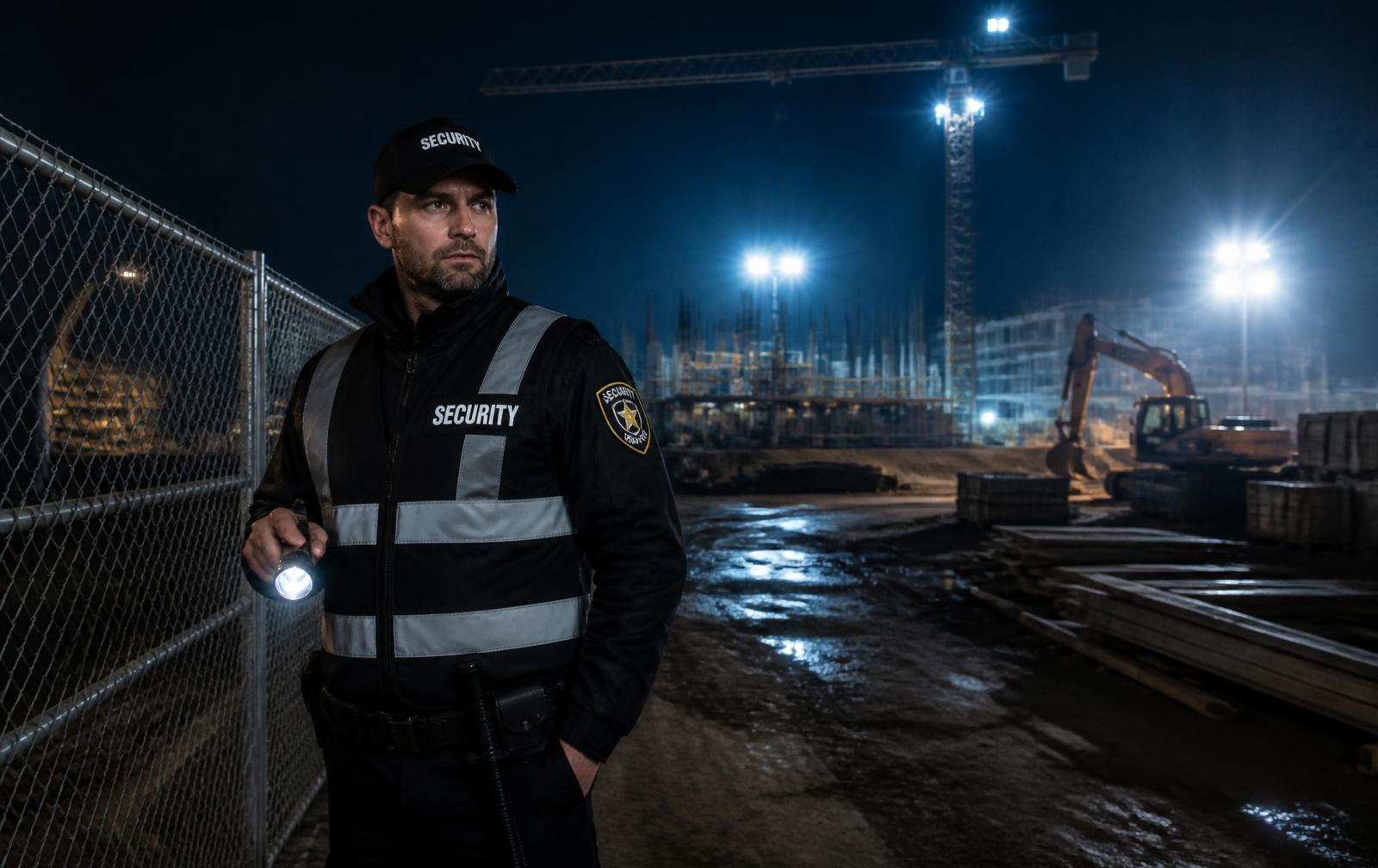 Uniformed security guard patrolling a fenced construction site at night